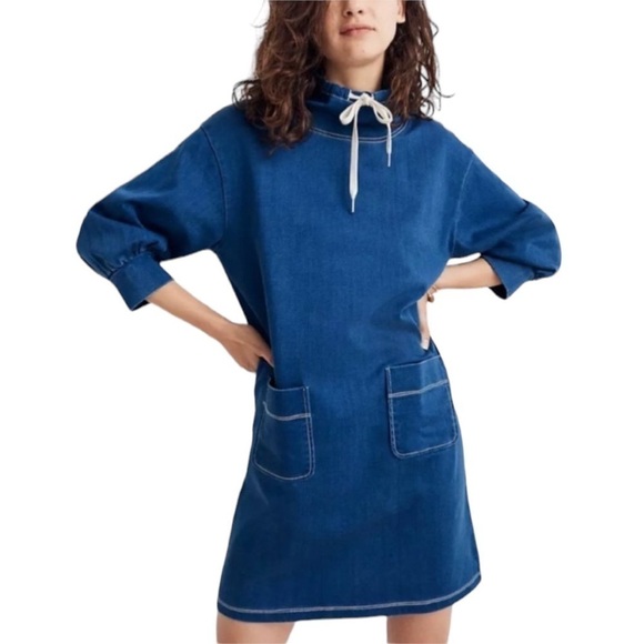 Madewell Denim Tunic Dress Sporty Pull Tie Mock Neck & Two Large Front Pockets - Picture 1 of 13